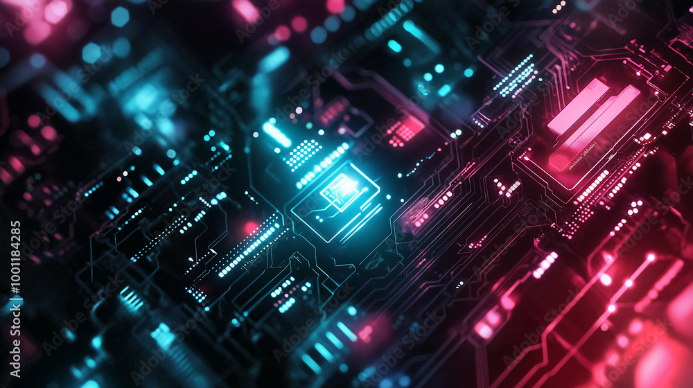 Futuristic Circuit Board with Neon Lights Futuristic Circuit Board with Neon Lights