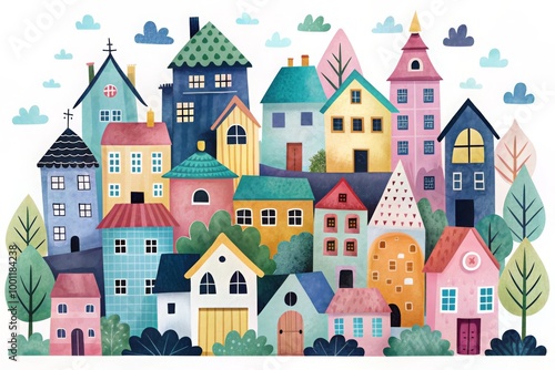 Whimsical houses in different colors with trees and clouds, illustration