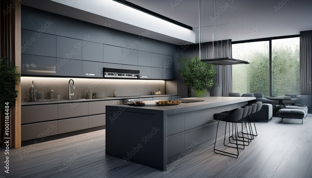 Grey modern kitchen interior, sleek and functional design Grey modern kitchen interior, sleek and functional design