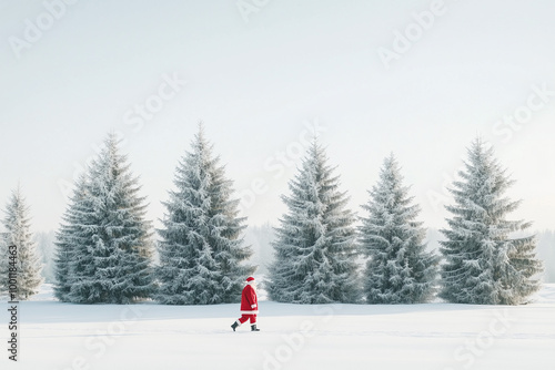 Santa Claus walking near a group of cypress trees