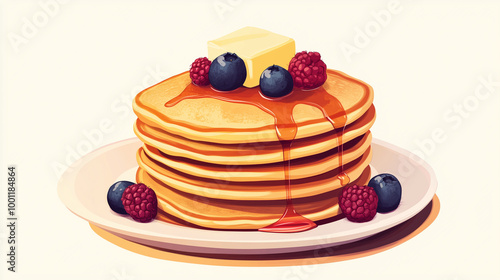 A whimsical illustration of a fluffy stack of pancakes topped with syrup, butter, and berries, Illustration, Food Concept