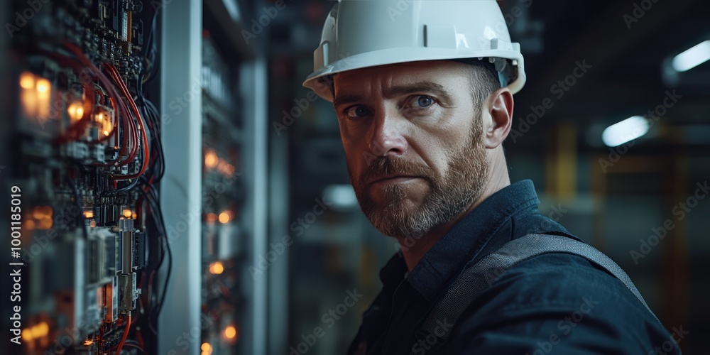 Industrial engineer inspecting wiring at a high-tech construction site Industrial engineer inspecting wiring at a high-tech construction site