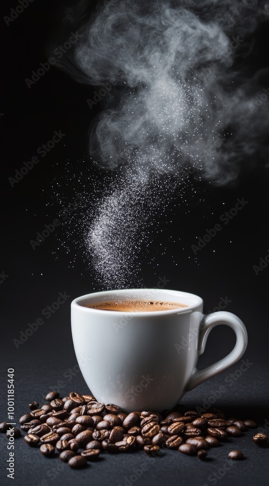 Fototapeta premium Hot coffee brews in a white cup as sugar crystallizes into the air, adding sweetness to the aromatic beverage