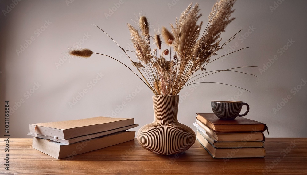 In an elegant interior still life, a modern, organic vase with geometric shapes holds dry flowers and grass. A pile of old books and a cup of coffee adorn a wooden table In an elegant interior still life, a modern, organic vase with geometric shapes holds dry flowers and grass. A pile of old books and a cup of coffee adorn a wooden table