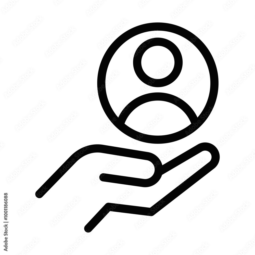 Vector illustration of a hand holding a user profile icon, representing customer service, support, and social media. Vector illustration of a hand holding a user profile icon, representing customer service, support, and social media.