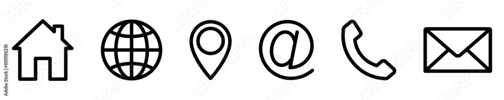 Vector illustration set of contact icons including home, globe, pin, at sign, phone, and envelope. Perfect for web and UI design. Editable stroke. Vector illustration set of contact icons including home, globe, pin, at sign, phone, and envelope. Perfect for web and UI design. Editable stroke.