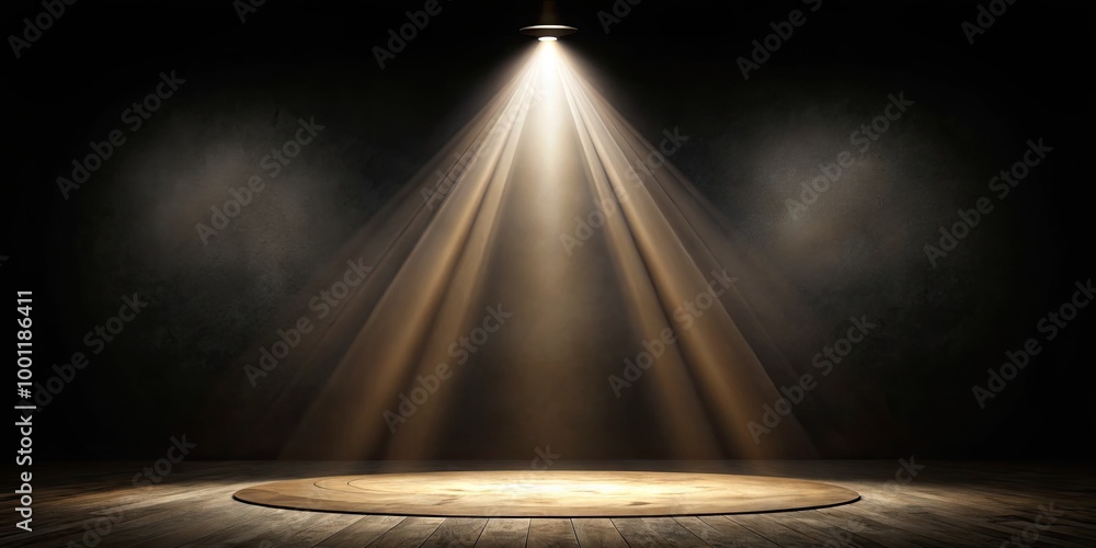 Dark stage with a single, powerful spotlight shining brightly, casting ...
