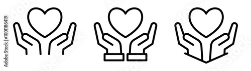 Vector set of hands holding heart icons, representing care, charity, and love. Editable stroke.