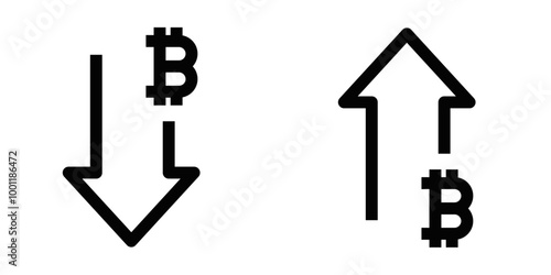 Vector illustration of Bitcoin price up and down arrows, symbolizing cryptocurrency market fluctuations, trading, and investment changes. Editable stroke.