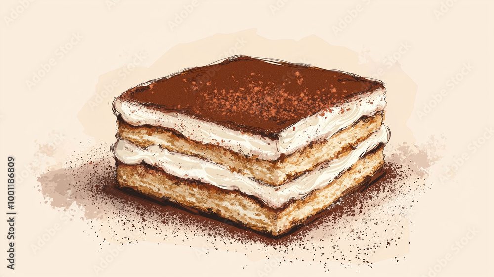 A layered hand-drawn illustration of a classic tiramisu with creamy mascarpone, espresso-soaked ladyfingers, and a dusting of cocoa powder on top, Illustration, Food Concept A layered hand-drawn illustration of a classic tiramisu with creamy mascarpone, espresso-soaked ladyfingers, and a dusting of cocoa powder on top, Illustration, Food Concept