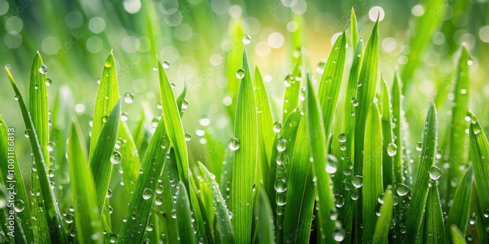 Fresh green grass blades covered in raindrops from a recent downpour in the garden Fresh green grass blades covered in raindrops from a recent downpour in the garden