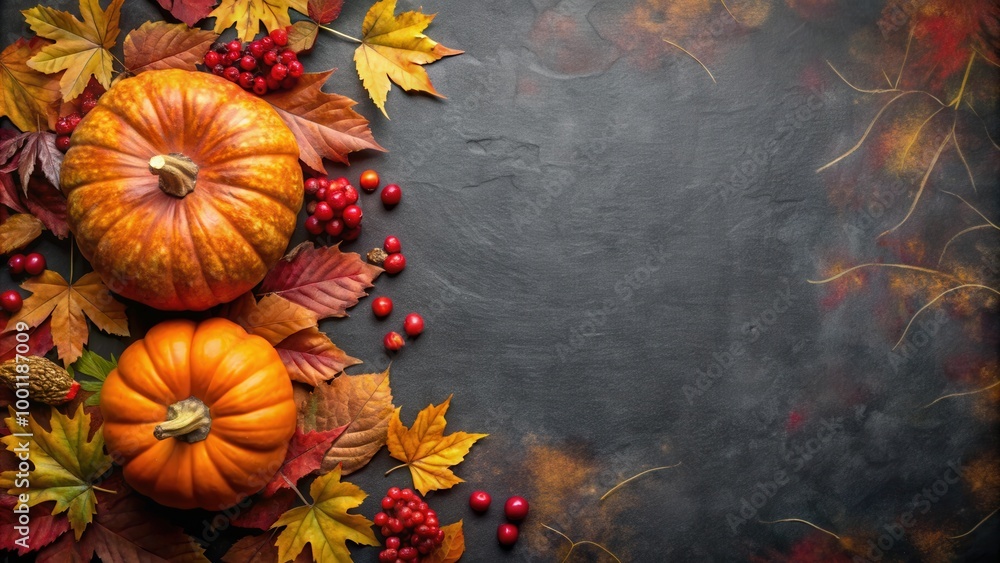 Thanksgiving background decoration with dry leaves, red berries, pumpkin on blackboard Thanksgiving background decoration with dry leaves, red berries, pumpkin on blackboard