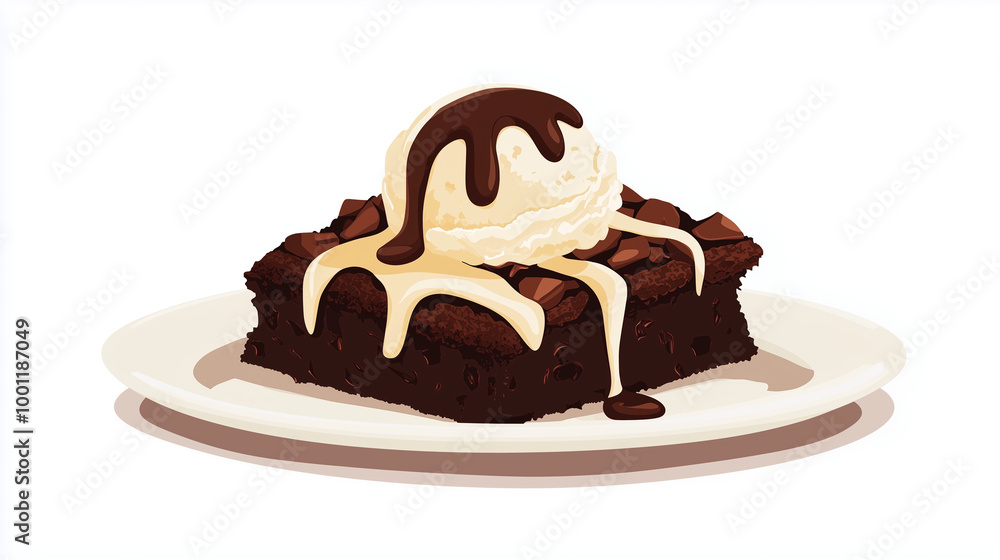 Fototapeta premium A playful depiction of a plate of brownies topped with a scoop of vanilla ice cream, melting slightly over the warm brownie, and drizzled with chocolate syrup, Illustration, Food C