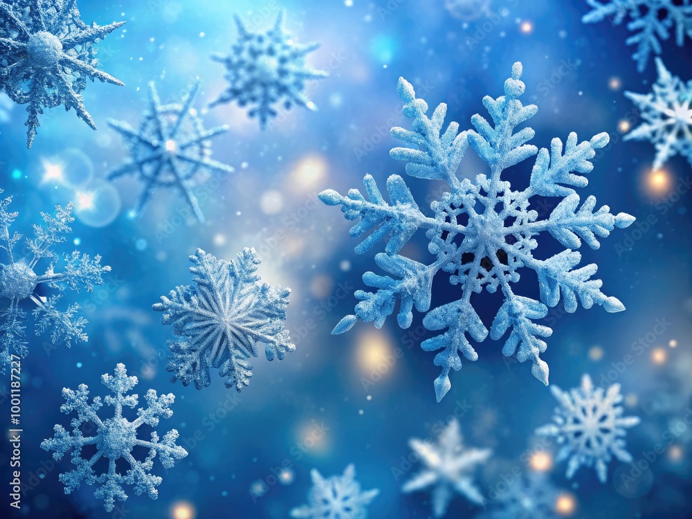 Delicate, intricately patterned snowflakes gently fall against a serene, soft-focus blue background, evoking a sense of peaceful winter wonderland magic and frosty elegance. Delicate, intricately patterned snowflakes gently fall against a serene, soft-focus blue background, evoking a sense of peaceful winter wonderland magic and frosty elegance.