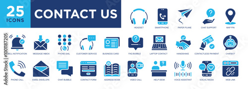 CONTACT US, call, online, communication, support, service icon set. icons collection. Simple vector illustration