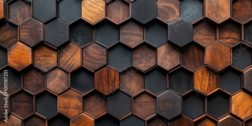 A wall adorned with hexagonal wooden tiles features a blend of colors and textures, creating a unique, modern design aesthetic