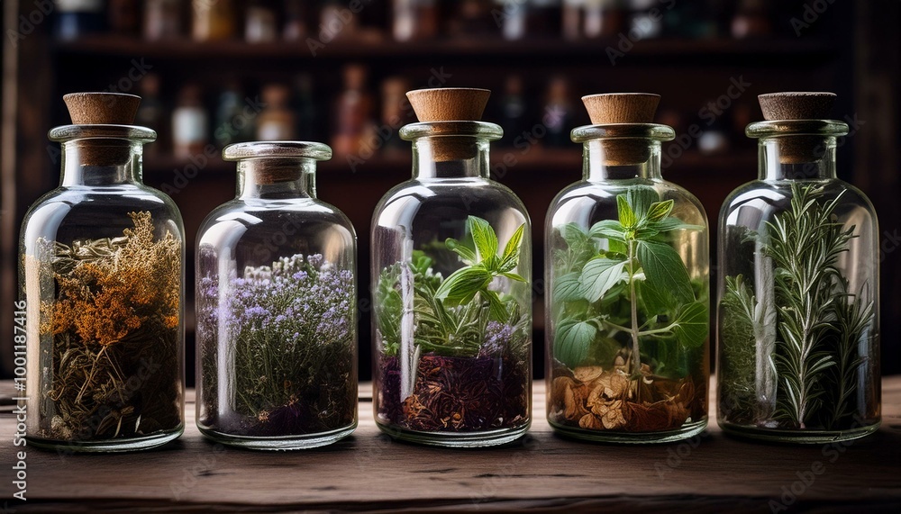 Old jars filled with medicinal herbs and plants evoke the rich history of alternative medicine, homeopathy, chemistry, pharmacy, apothecary, and alchemy, offering a captivating glimpse into the past Old jars filled with medicinal herbs and plants evoke the rich history of alternative medicine, homeopathy, chemistry, pharmacy, apothecary, and alchemy, offering a captivating glimpse into the past