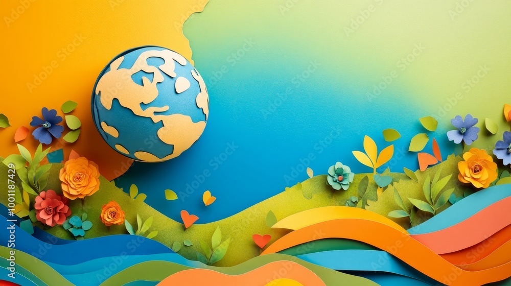 Naklejka premium Creative paper collage art featuring a vibrant globe and eco friendly humanity theme for projects