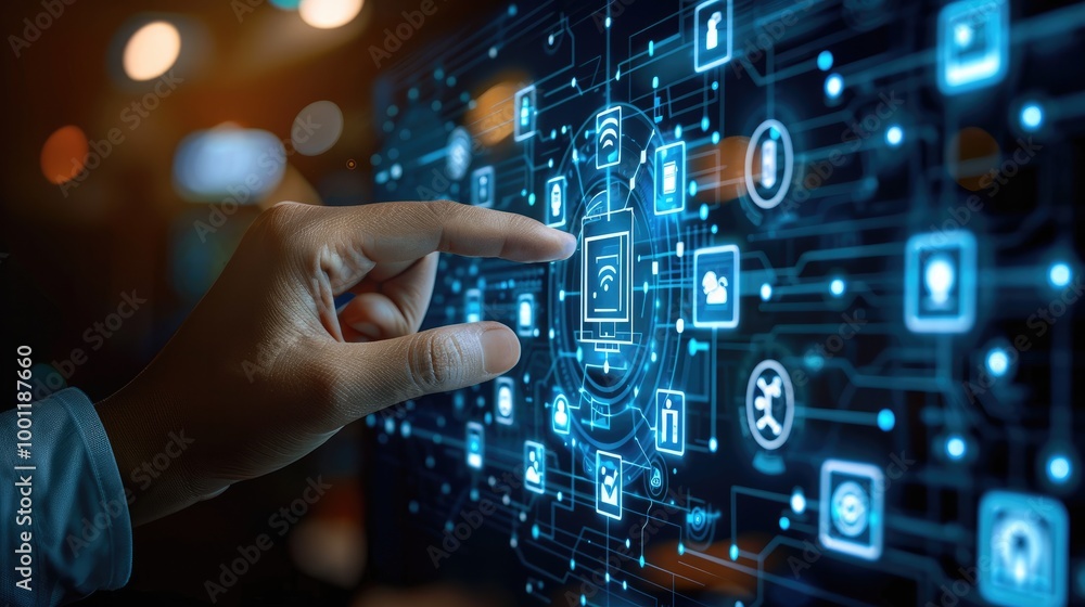 Hand touching a digital screen with icons of technology and online network connection, cloud storage, or security system on a dark blue background. Hand touching a digital screen with icons of technology and online network connection, cloud storage, or security system on a dark blue background.