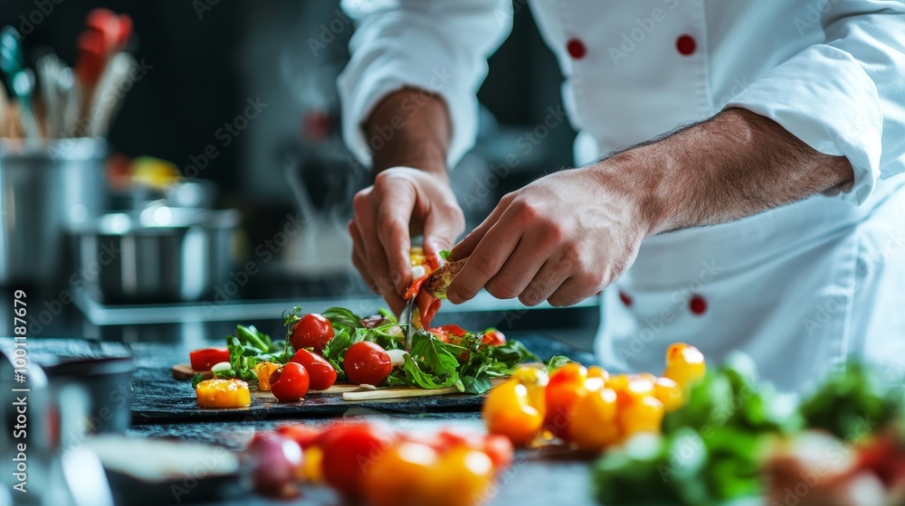 Close up of a chef artistically garnishing a healthy dish in a fine dining restaurant kitchen Close up of a chef artistically garnishing a healthy dish in a fine dining restaurant kitchen