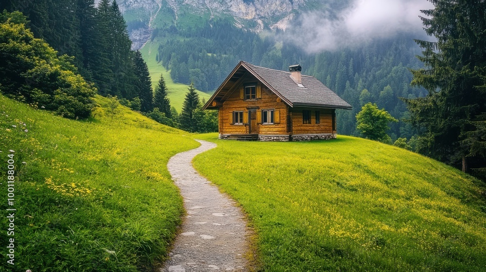 View of traditional rustic wooden mountain chalet in idyllic forest in the Europian Alps on cold snowy day in winter View of traditional rustic wooden mountain chalet in idyllic forest in the Europian Alps on cold snowy day in winter