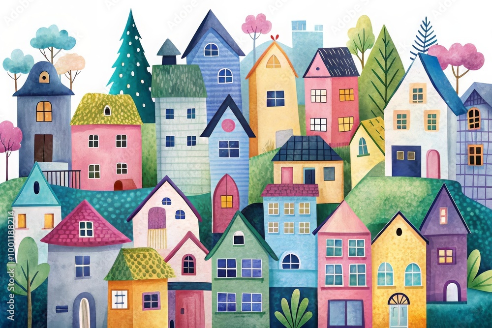 Cute whimsical illustration of colorful houses Cute whimsical illustration of colorful houses