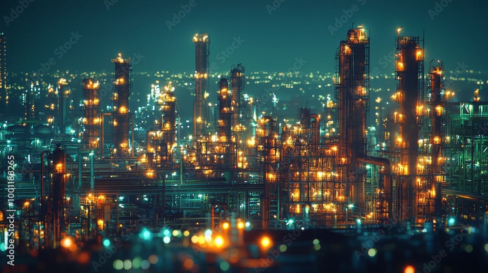 Cityscape of illuminated oil refinery at night with bokeh effect