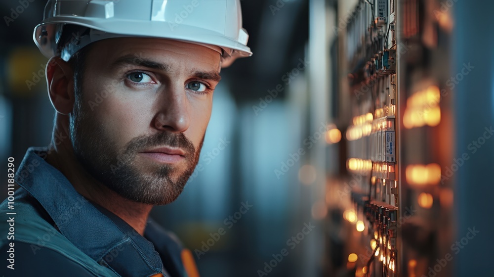 Industrial engineer inspecting wiring at a high-tech construction site Industrial engineer inspecting wiring at a high-tech construction site