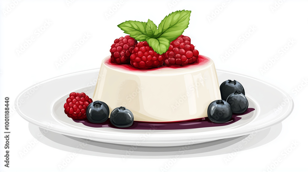 A delicate illustration of a classic panna cotta topped with fresh berries and a sprig of mint, served on a white plate, Illustration, Food Concept A delicate illustration of a classic panna cotta topped with fresh berries and a sprig of mint, served on a white plate, Illustration, Food Concept