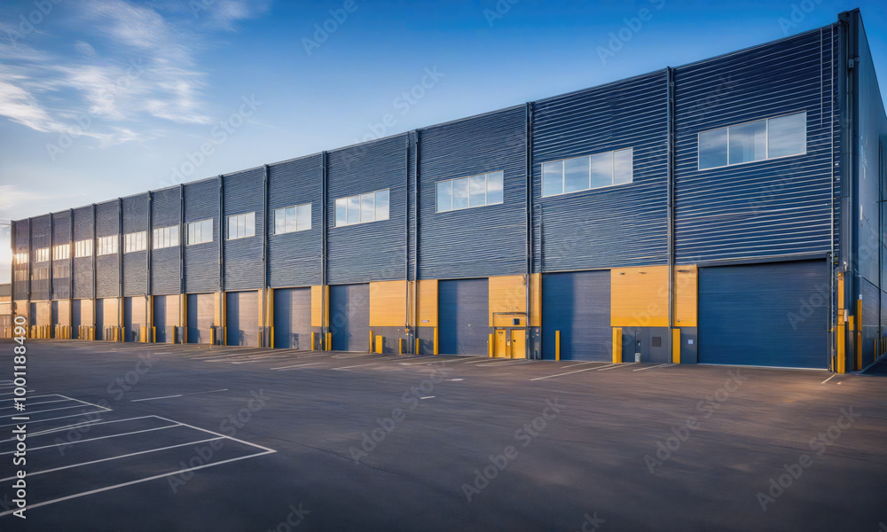 A large warehouse with multiple loading bays sits in a parking lot on a sunny day A large warehouse with multiple loading bays sits in a parking lot on a sunny day
