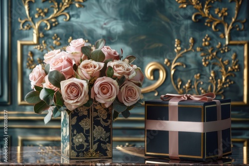  Luxurious pink roses with gold accents and elegant gift box for a romantic celebration






