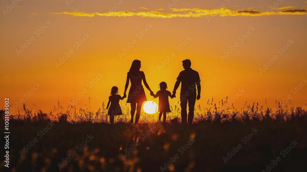 Family silhouette bonding in field at sunset, warm tones. Family silhouette bonding in field at sunset, warm tones.