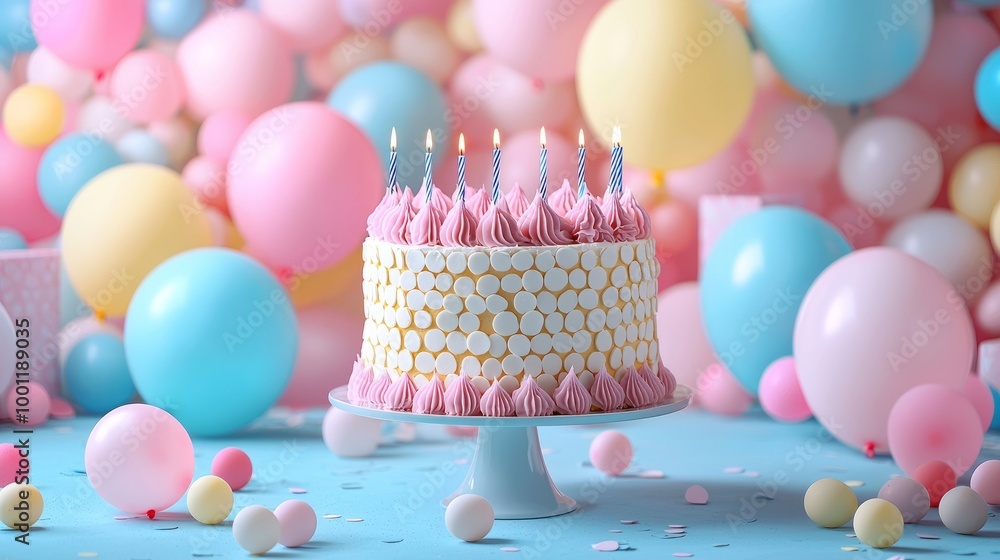 Colorful birthday cake with candles surrounded by balloons Colorful birthday cake with candles surrounded by balloons