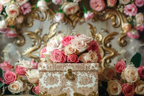  Luxurious pink roses with gold accents and elegant gift box for a romantic celebration







