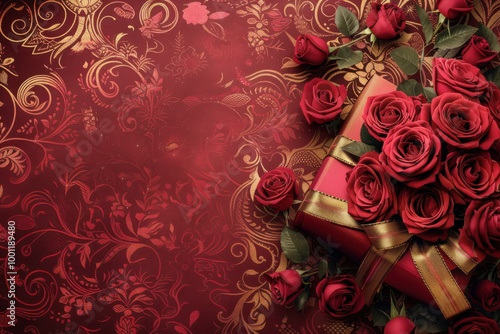  Luxurious pink roses with gold accents and elegant gift box for a romantic celebration






