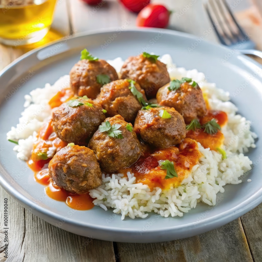 Delicious meatballs served with rice and tomato sauce on a rustic wooden table. Generative AI Delicious meatballs served with rice and tomato sauce on a rustic wooden table. Generative AI