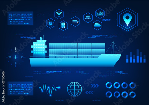 Screen displays a ship using AI technology with surrounding elements about transportation innovation, conveying the development in the transportation and logistics industry, suitable for technology 