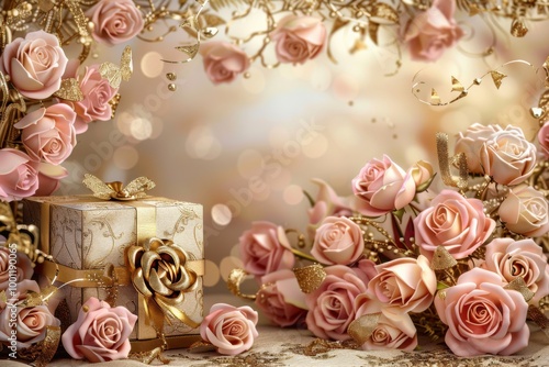  Luxurious pink roses with gold accents and elegant gift box for a romantic celebration






