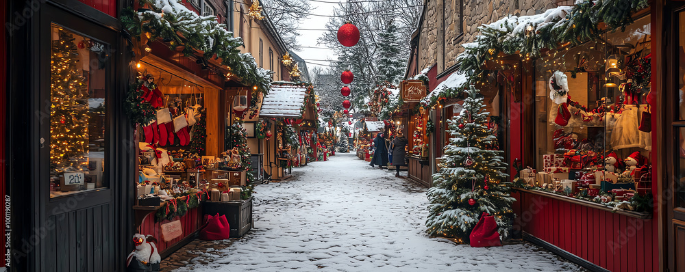 Fototapeta premium Charming Christmas village marketplace filled with holiday decorations and gifts, Christmas village, festive holiday shopping