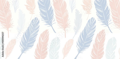 Soft blue and pink feathers in white background