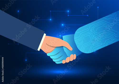 Businessman's hand shaking hands with AI robot, representing the collaboration between humans and modern technology for future advancement and innovation.