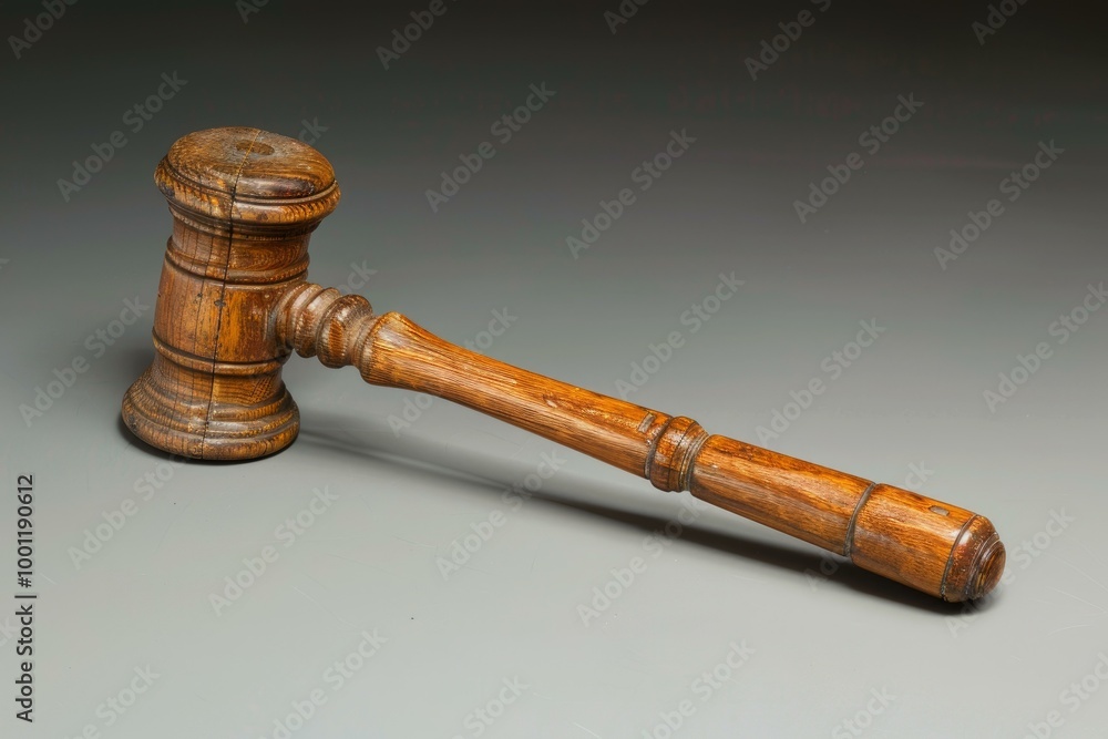 This antique wooden gavel is lying on a gray surface, symbolizing the legal system and the pursuit of justice This antique wooden gavel is lying on a gray surface, symbolizing the legal system and the pursuit of justice