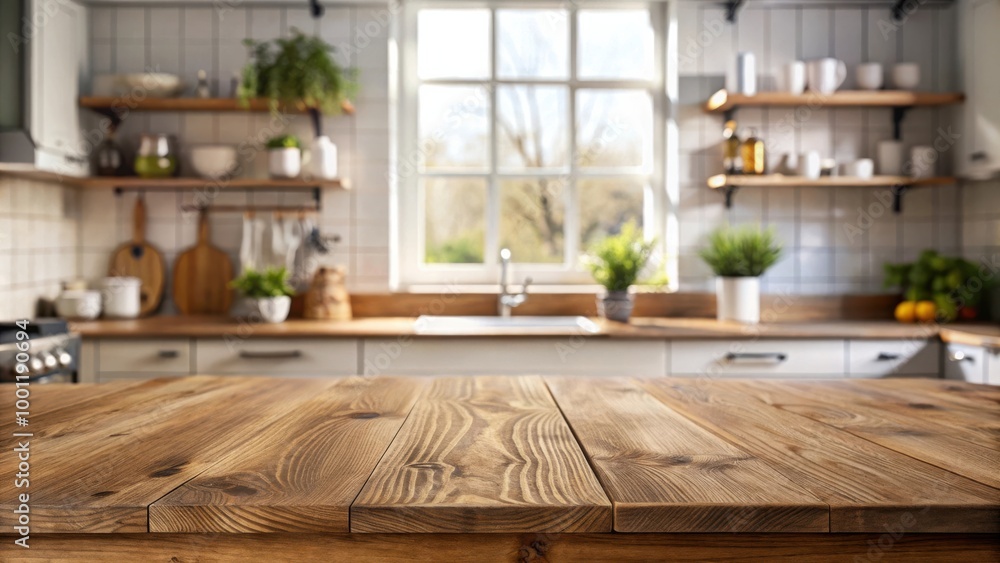 Empty wooden table with textured surface and blurred kitchen window shelves background Empty wooden table with textured surface and blurred kitchen window shelves background