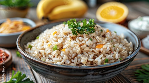 A bowl of cooked brown rice with visible bran and germ, placed on a wooden table. In the background, there are bananas, citrus fruits, and a small dish of kimchi and yogurt.