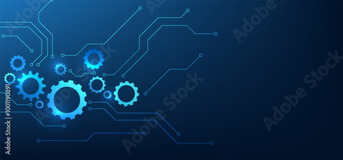 Technology background of drive, various gears connected by circuit lines, conveying the collaboration in efficient and innovative mechanical systems.