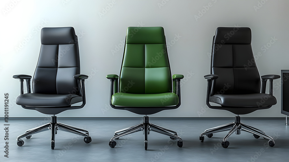 Vacant position Green office chair among black ones on white background banner design : Generative AI Vacant position Green office chair among black ones on white background banner design : Generative AI