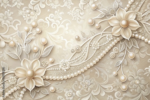 Elegant white lace and pearls adorn a soft, cream-colored background with subtle floral patterns, perfect for wedding