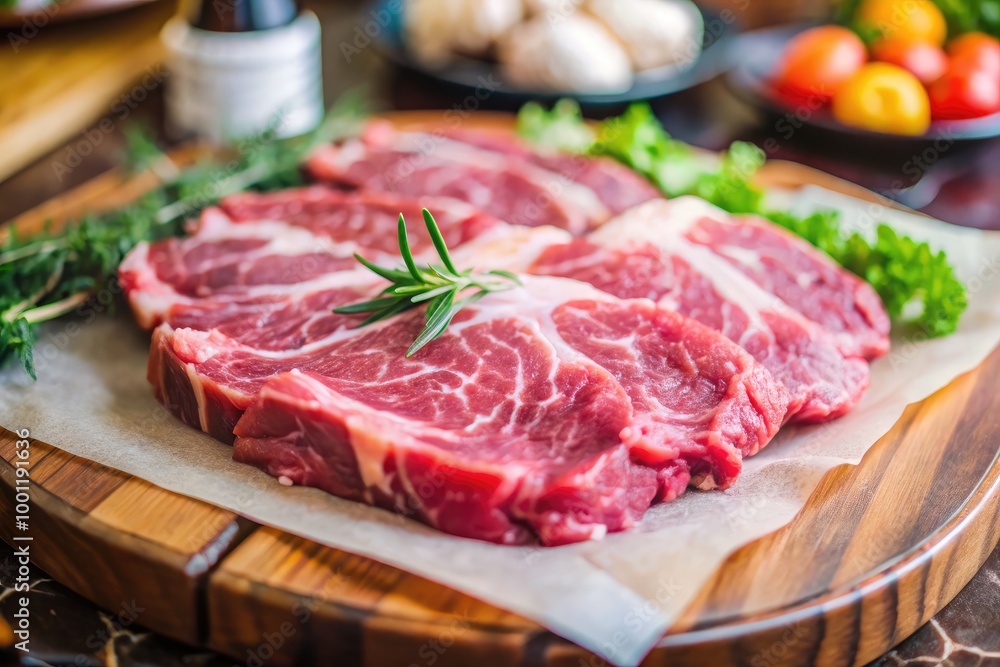Fresh cuts of raw meat on a wooden platter with herbs and vegetables displayed. Generative AI Fresh cuts of raw meat on a wooden platter with herbs and vegetables displayed. Generative AI