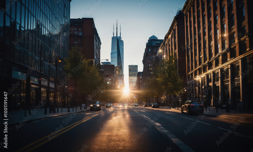 Naklejka premium The sun sets over Chicago, illuminating the city's tall buildings and casting a warm glow on the street below