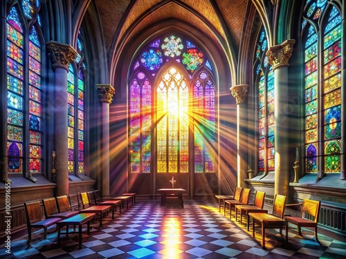 Ethereal light shines through stained glass windows in a serene, ornate church, creating a vibrant, surreal background